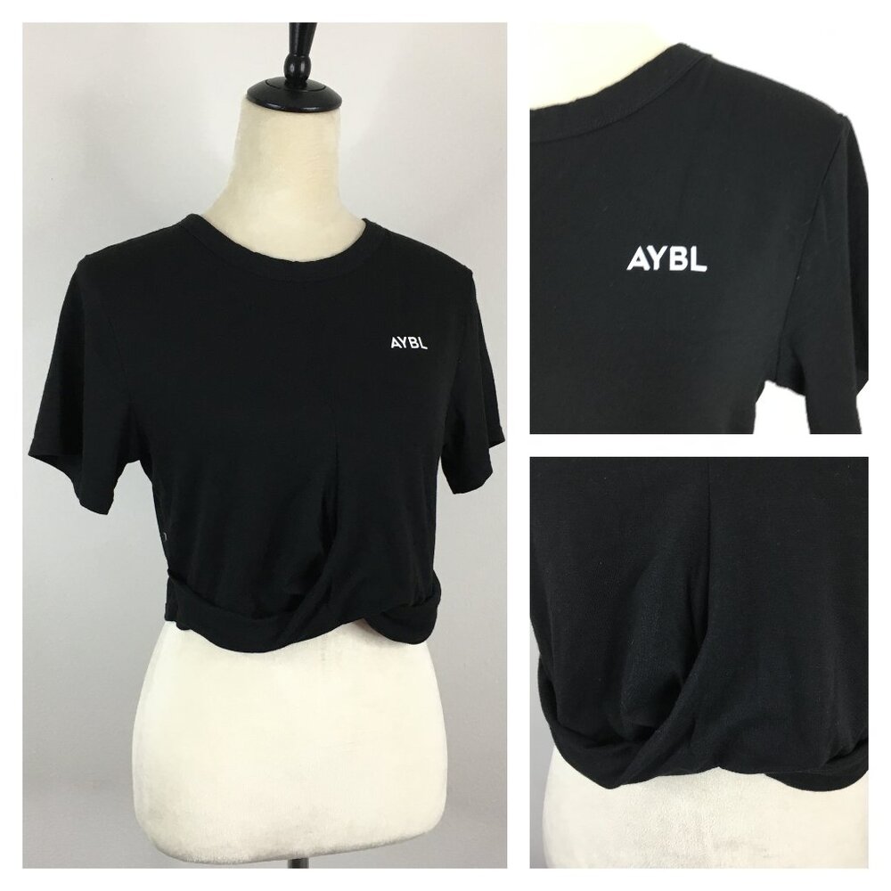 AYBL Short Sleeve Black White Logo Print Knot Hem Active Wear Cropped Shirt Top